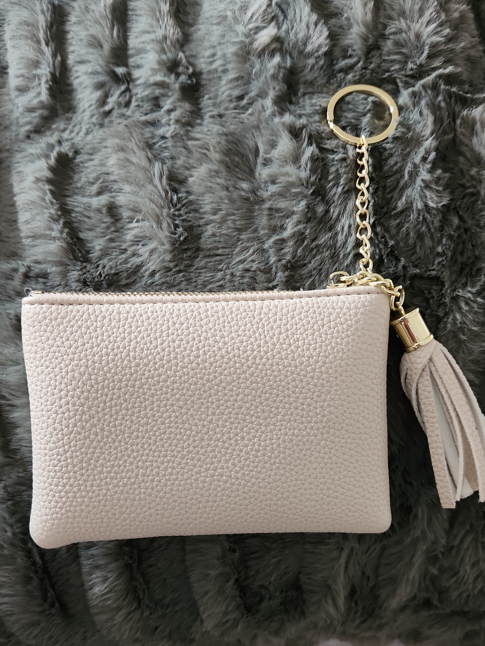 Women's Pebbled Zip Pouch With Key Chain Ring in Light Beige with Tassel